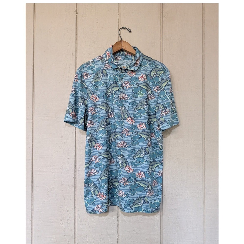 Googan Squad Mens Small Blue Bass Fishing Water Lily Performance Polo Shirt S